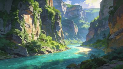 A tranquil river winds through a canyon, flanked by towering cliffs covered in lush greenery, with sunlight gently illuminating the vibrant turquoise water, creating a serene and peaceful atmosphere.