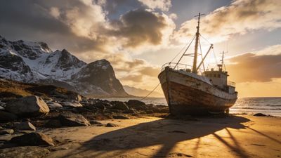 An abandoned ship rests on a sandy beach at sunset, casting long shadows as the golden light illuminates the surrounding rocky shoreline and distant snow-capped mountains, creating a serene and tranquil atmosphere.