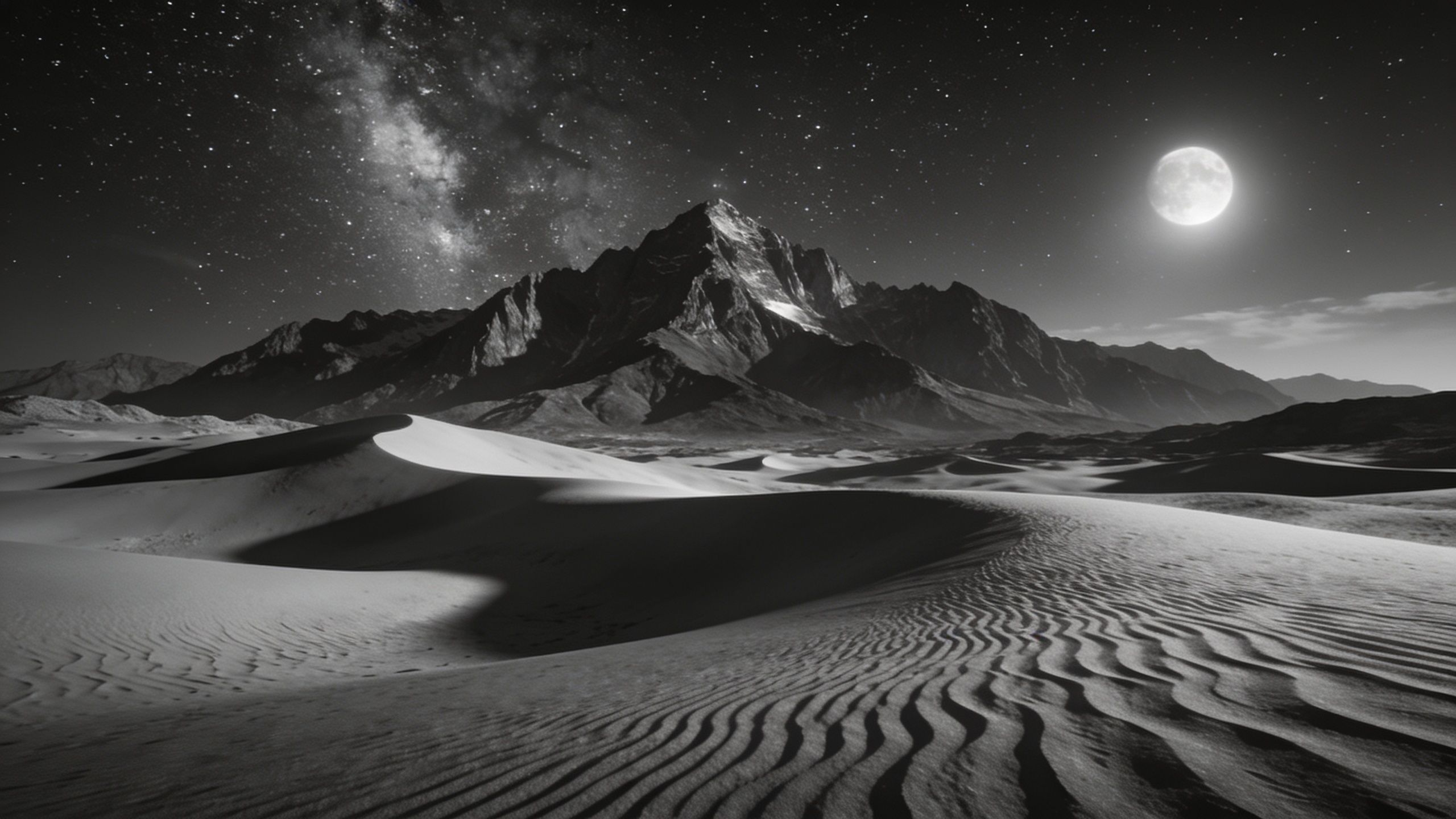 A serene desert landscape is illuminated by a bright full moon, casting gentle shadows over the rippled sand dunes, with a majestic mountain range silhouetted against a star-filled sky, creating a tranquil and mystical atmosphere.