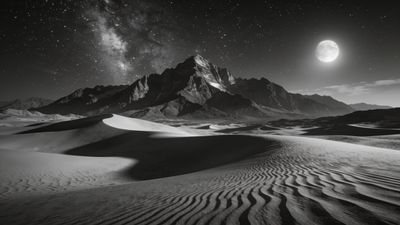 A serene desert landscape is illuminated by a bright full moon, casting gentle shadows over the rippled sand dunes, with a majestic mountain range silhouetted against a star-filled sky, creating a tranquil and mystical atmosphere.