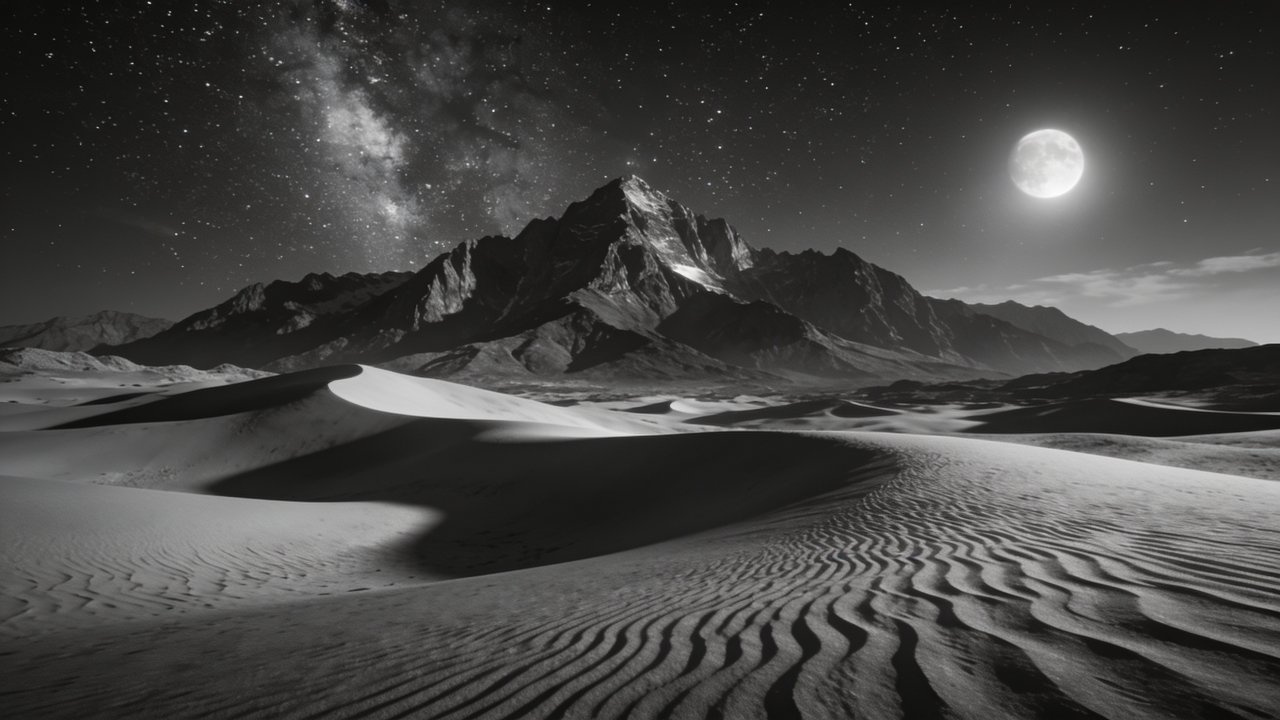 A serene desert landscape is illuminated by a bright full moon, casting gentle shadows over the rippled sand dunes, with a majestic mountain range silhouetted against a star-filled sky, creating a tranquil and mystical atmosphere.