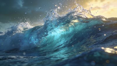 A vibrant ocean wave curls majestically under a golden sunset sky, with sunlight illuminating the translucent turquoise water, creating a serene and awe-inspiring atmosphere.