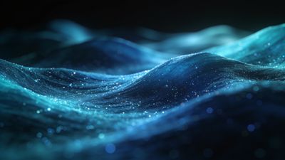 A serene ocean scene with gentle waves illuminated by a soft, ethereal glow, as if sprinkled with glittering stars, creating a mystical and calming atmosphere.