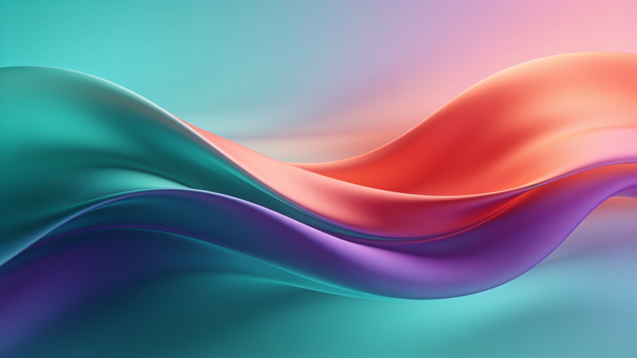 A dynamic abstract wallpaper featuring flowing waves in vibrant hues of teal, orange, and purple, creating a sense of motion and energy against a soft gradient background. The overall mood is lively and captivating, evoking a sense of fluidity and movement.