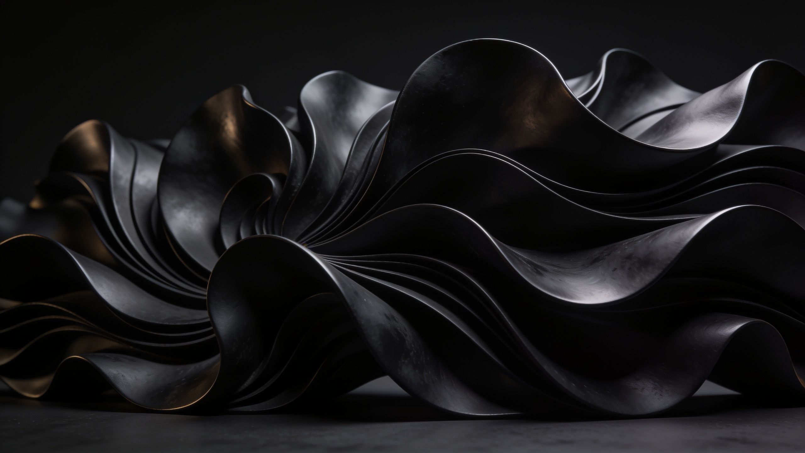 Abstract design featuring elegant black waves with smooth, flowing curves against a dark background, creating a sophisticated and serene mood.