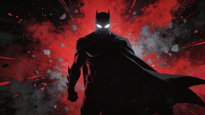 A dark, caped hero stands silhouetted against a fiery red and black backdrop, with glowing white eyes, creating a dramatic and intense mood.