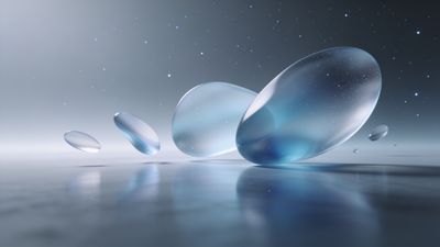 A series of translucent glass orbs float serenely in a cosmic space setting, reflecting soft blue and white hues against a backdrop of distant stars, creating a tranquil and ethereal mood.