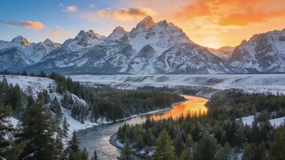 A majestic mountain range is illuminated by the warm glow of a sunrise, casting a serene reflection on a winding river below, surrounded by snow-dusted trees, creating a tranquil and awe-inspiring scene.