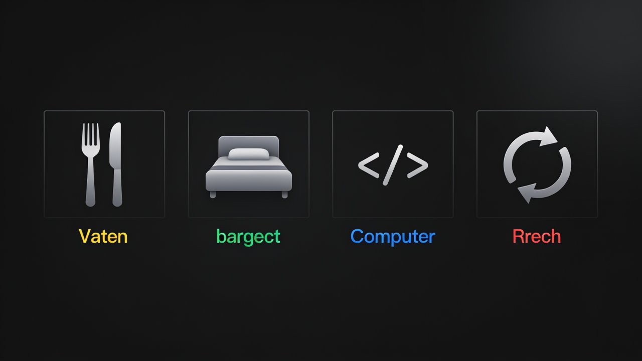 A minimalist wallpaper features four icons representing daily routine activities: a fork and knife for eating, a bed for sleeping, a code symbol for working on a computer, and a refresh symbol for repeating tasks, set against a dark background with a modern and organized mood.
