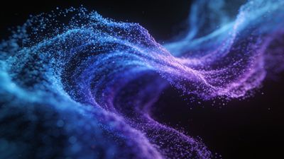Abstract swirls of blue and purple particles create a dynamic, flowing pattern against a dark background, evoking a serene and mystical atmosphere.