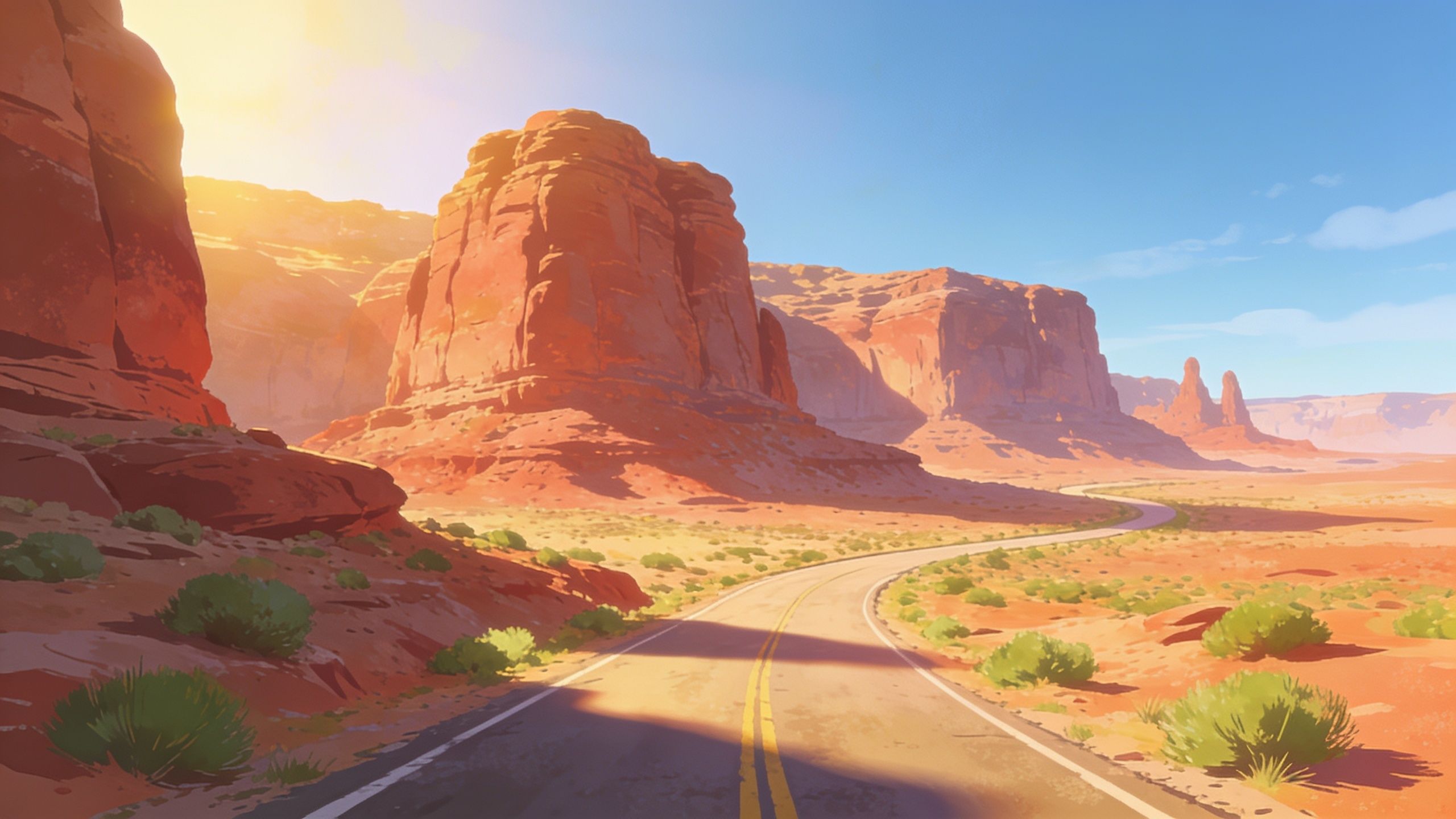 A sunlit road winds through majestic canyons, casting long shadows across the desert landscape under a clear blue sky, creating a serene and expansive mood.