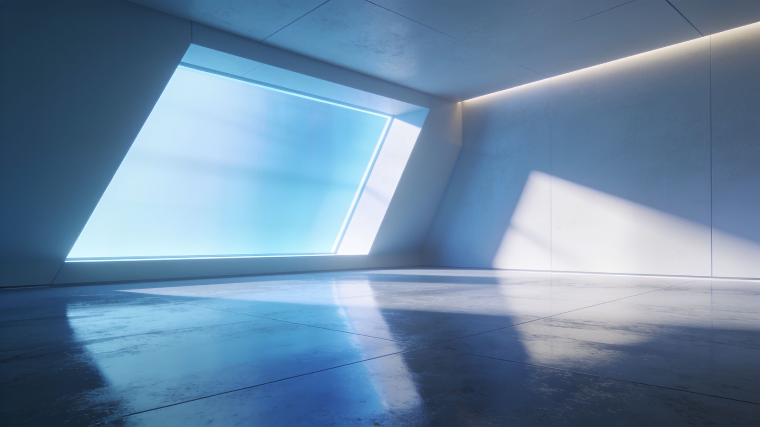 A sleek, futuristic room with smooth, minimalist surfaces is illuminated by a large, angled window casting a serene blue light across the glossy floor, creating a calm and modern atmosphere.