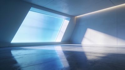A sleek, futuristic room with smooth, minimalist surfaces is illuminated by a large, angled window casting a serene blue light across the glossy floor, creating a calm and modern atmosphere.