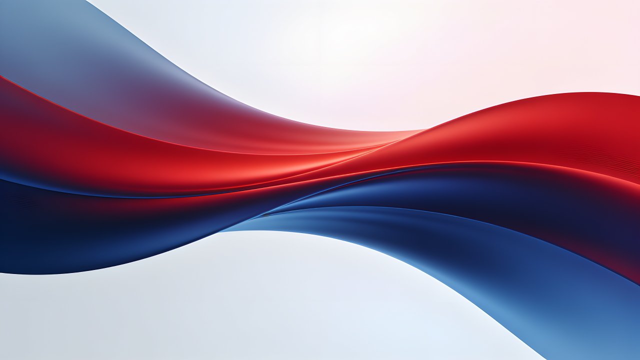 An abstract wallpaper featuring elegant, flowing waves in vibrant red and deep blue, creating a dynamic and harmonious visual effect against a soft, light background. The composition evokes a sense of movement and sophistication.