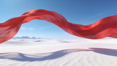 A vibrant red silk fabric gracefully drapes and flows over pristine white desert dunes under a clear blue sky, creating a striking contrast and a sense of serene elegance.