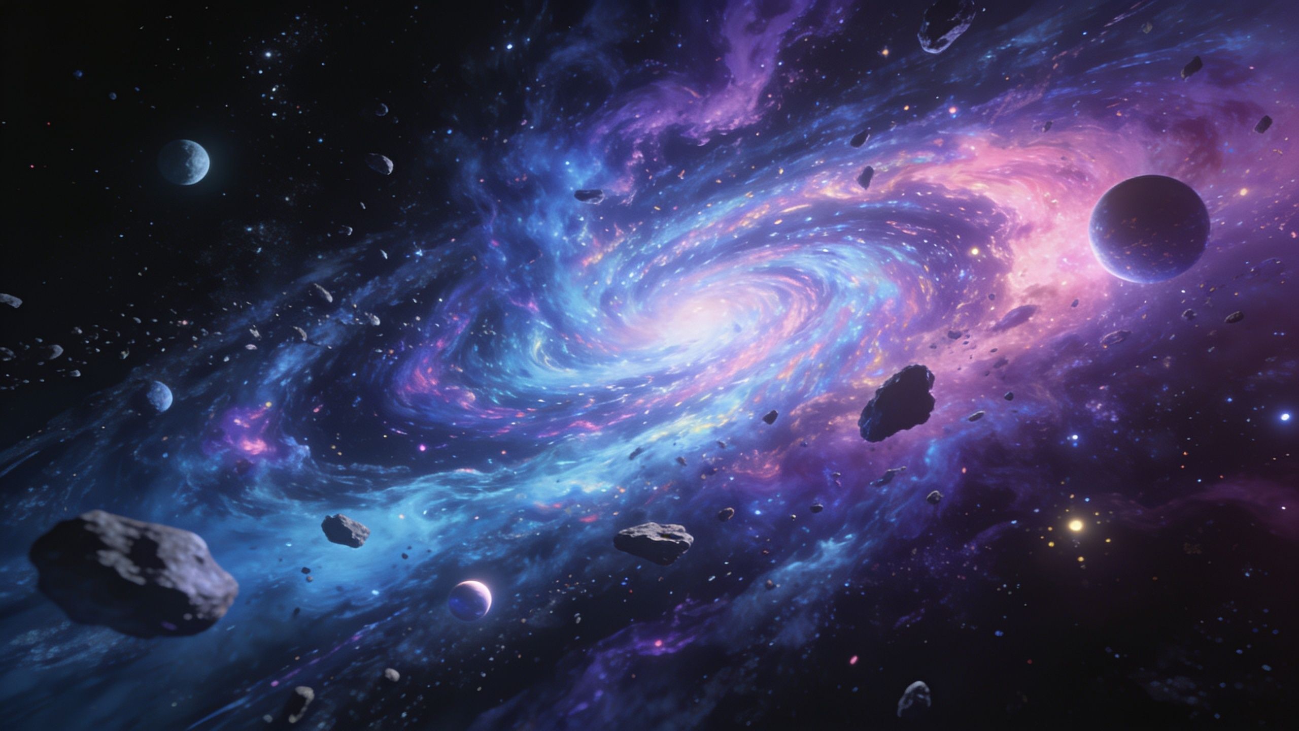 A vibrant cosmic swirl in deep space features a luminous spiral galaxy with vivid hues of blue, purple, and pink, surrounded by scattered asteroids and distant planets, creating a mesmerizing and otherworldly mood.
