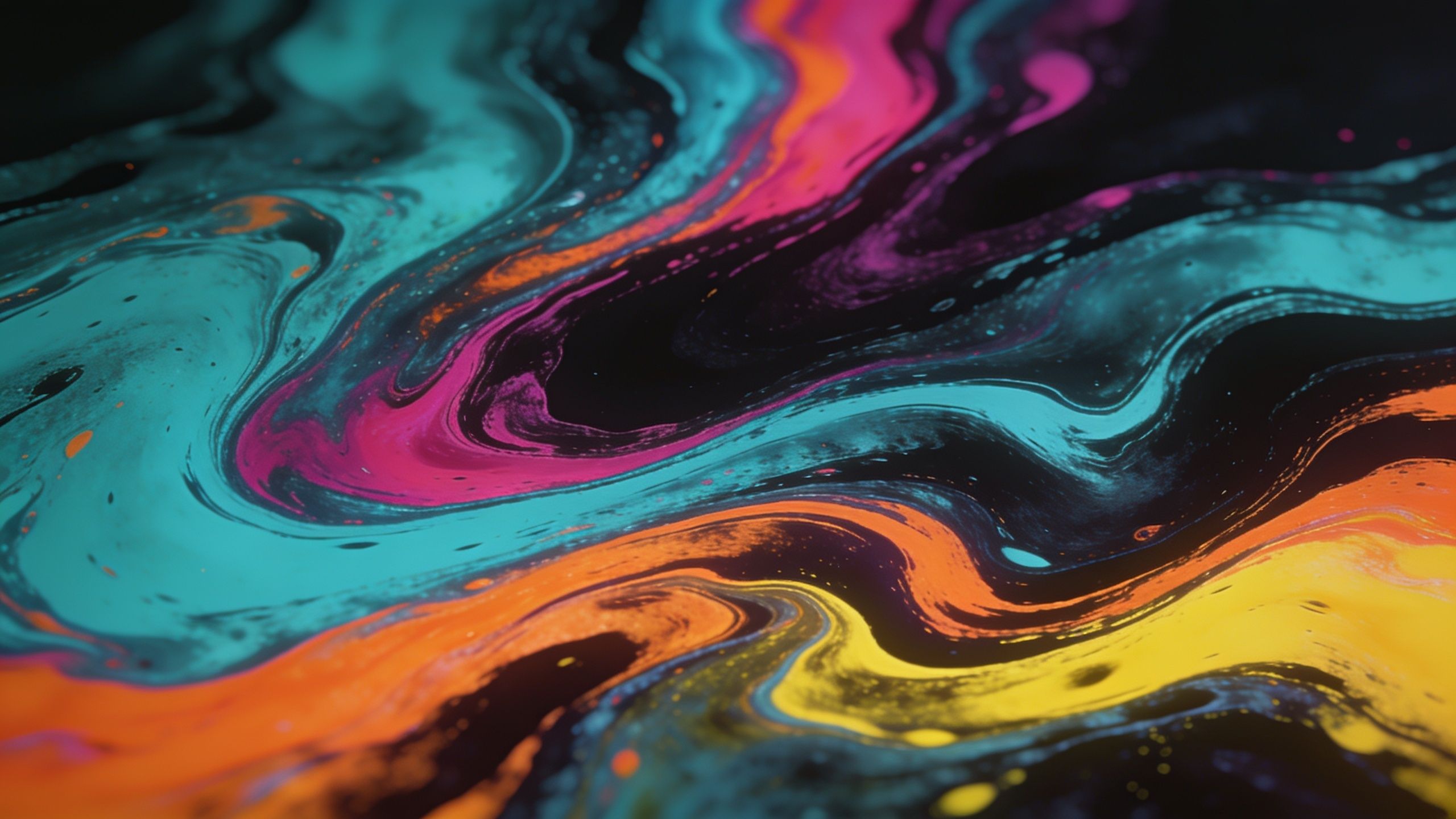 A dynamic abstract wallpaper featuring swirling patterns of vibrant colors including teal, pink, orange, and yellow against a dark background, creating a lively and energetic mood.