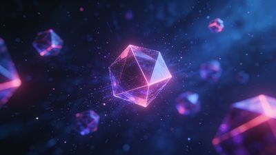 A collection of glowing geometric shapes, primarily icosahedrons, float in a cosmic space setting with a dark blue background, creating a serene and futuristic mood with their pink and purple hues.