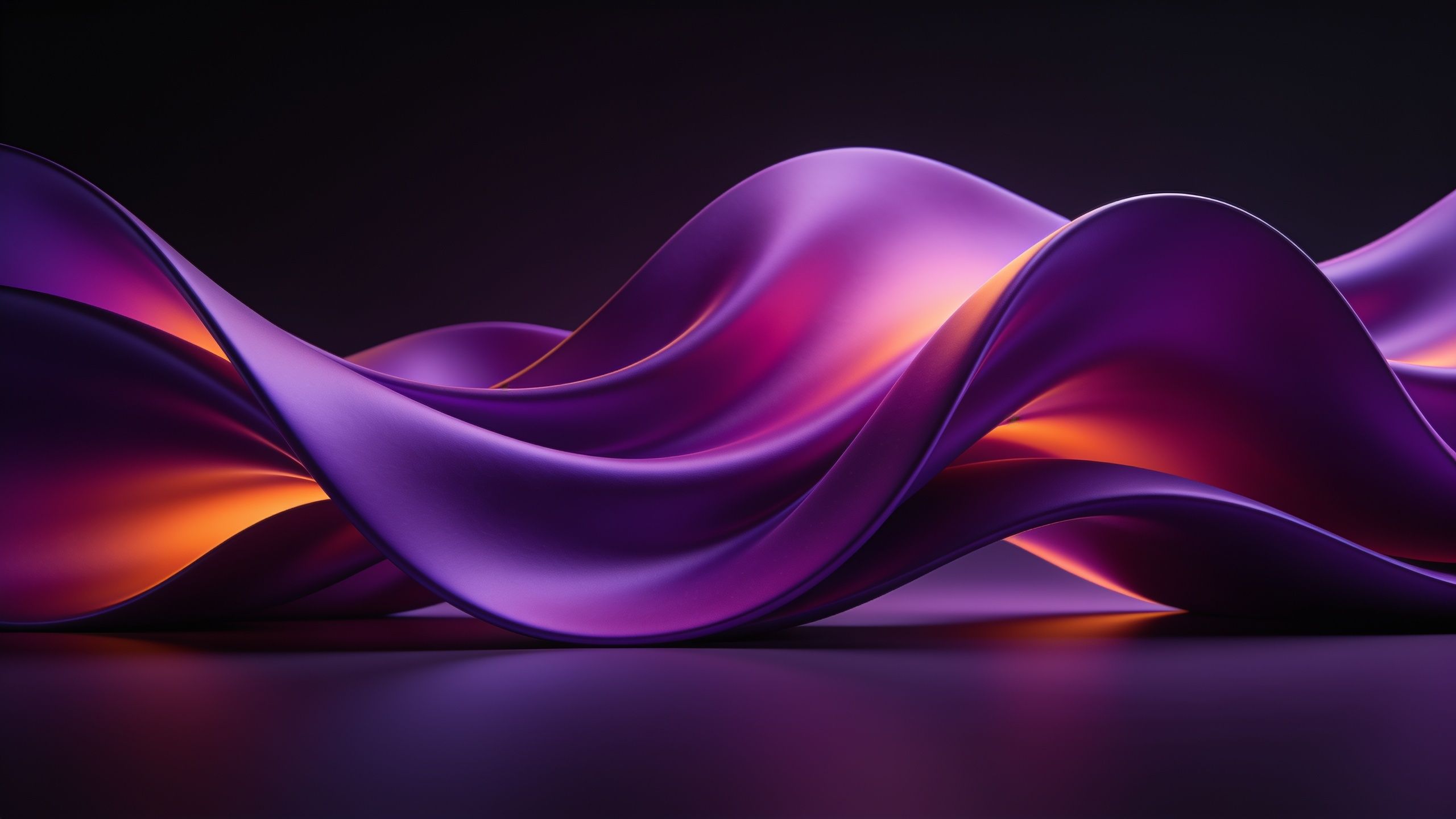 A dynamic and abstract scene featuring smooth, flowing waves of vibrant purple with glowing orange highlights, creating a sense of movement and energy against a dark background.