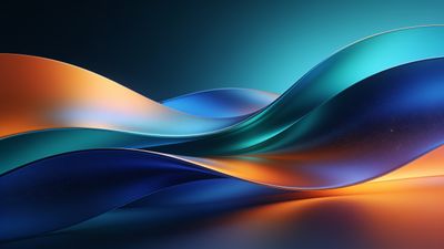 A dynamic abstract wallpaper featuring flowing waves in vibrant hues of blue, teal, and orange, creating a sense of motion and energy against a dark background. The smooth, glossy texture and gradient colors evoke a futuristic and lively mood.