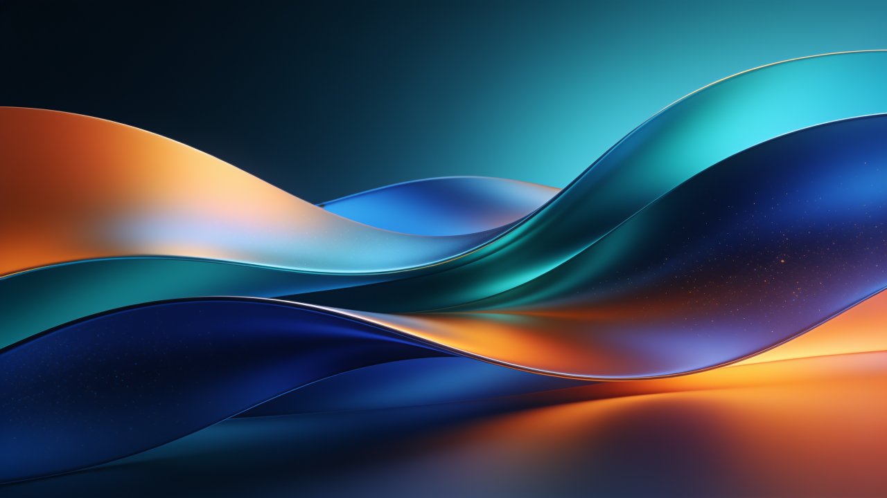 A dynamic abstract wallpaper featuring flowing waves in vibrant hues of blue, teal, and orange, creating a sense of motion and energy against a dark background. The smooth, glossy texture and gradient colors evoke a futuristic and lively mood.