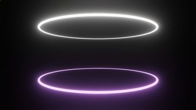 A digital wallpaper featuring two glowing neon rings, one white and one purple, set against a dark background, creating a futuristic and sleek atmosphere. The rings appear to be floating, adding a sense of depth and mystery to the scene.