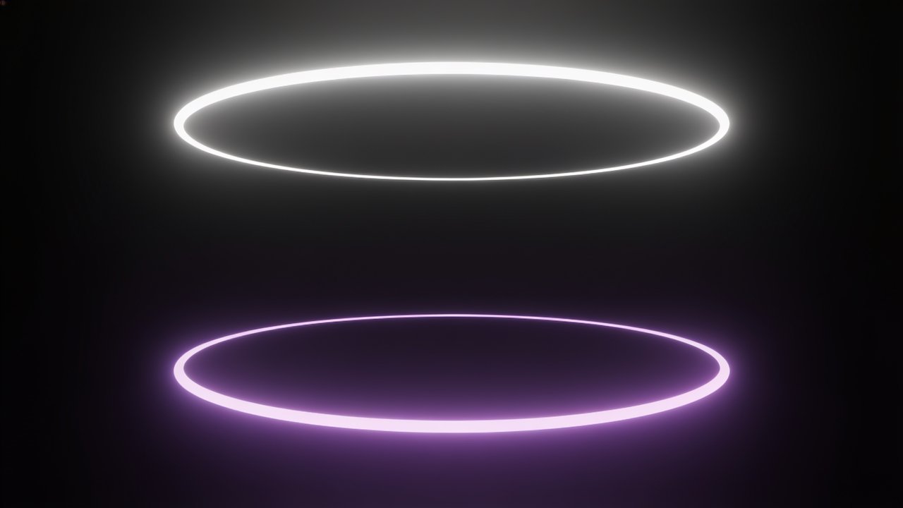 A digital wallpaper featuring two glowing neon rings, one white and one purple, set against a dark background, creating a futuristic and sleek atmosphere. The rings appear to be floating, adding a sense of depth and mystery to the scene.