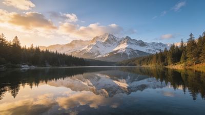 Snow-capped mountains are reflected in a tranquil lake at sunrise, surrounded by dense evergreen forests under a sky with soft, golden clouds, creating a serene and majestic atmosphere.