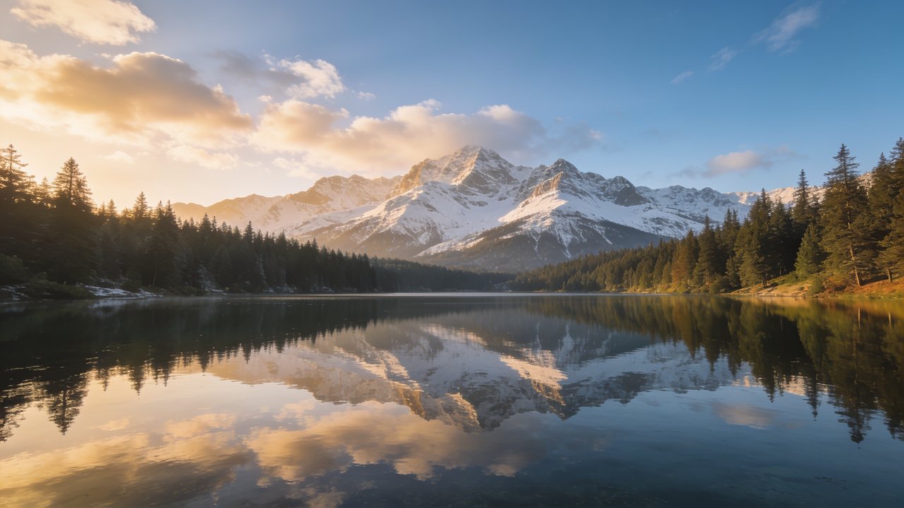 Snow-capped mountains are reflected in a tranquil lake at sunrise, surrounded by dense evergreen forests under a sky with soft, golden clouds, creating a serene and majestic atmosphere.