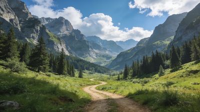 A winding dirt path meanders through a lush green valley, surrounded by towering pine trees and majestic mountains under a bright blue sky with fluffy clouds, creating a tranquil and inviting atmosphere.