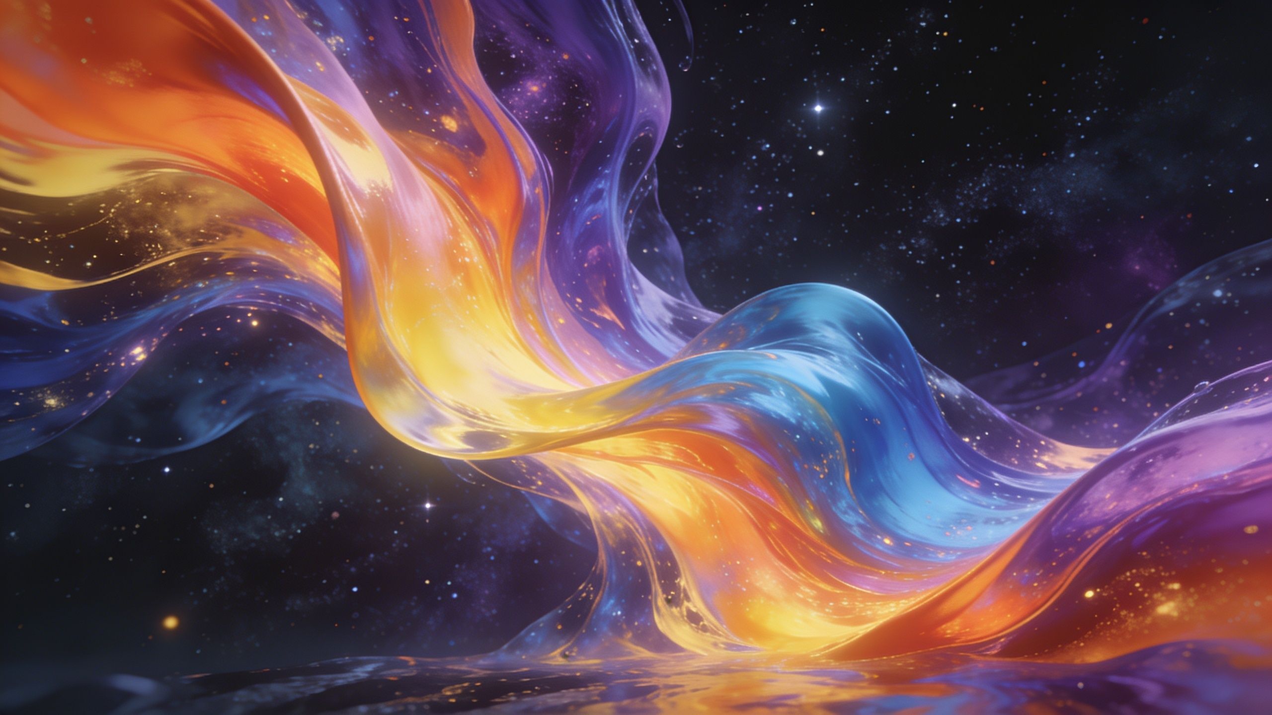 A vibrant abstract depiction of the universe, featuring swirling ribbons of bright orange, blue, and purple hues against a backdrop of twinkling stars, creating a dynamic and ethereal cosmic atmosphere.