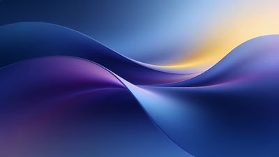 A digital wallpaper featuring smooth, flowing waves in shades of blue and purple, creating a serene and elegant abstract design with a gentle gradient that transitions to a soft yellow in the background. The overall mood is calming and sophisticated.