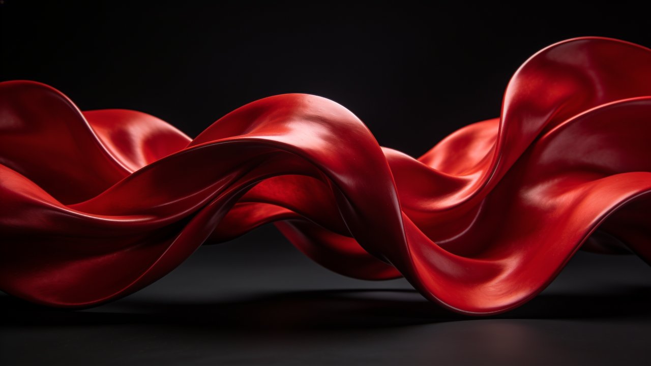 Smooth, flowing red waves elegantly curve and intertwine against a deep black background, creating a striking and sophisticated visual contrast with a sense of fluid motion.