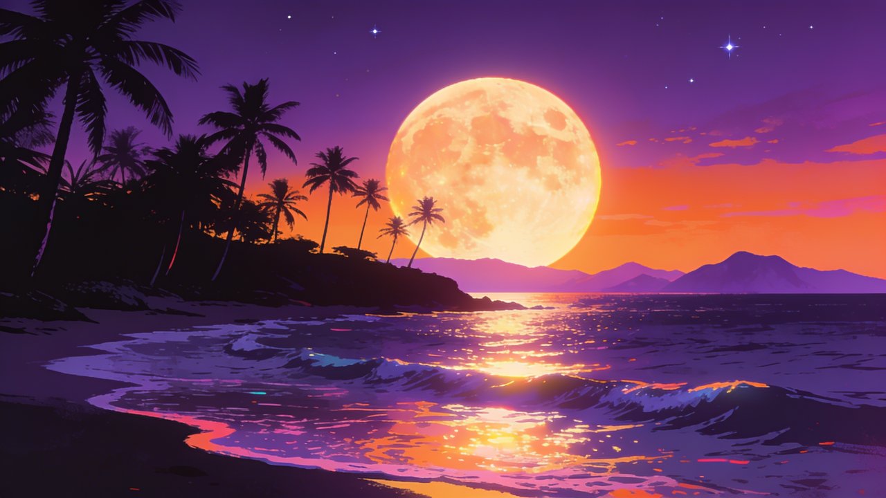 A serene tropical beach is bathed in the warm glow of a setting sun, with a large, luminous moon rising above the horizon, casting reflections on the gentle waves and silhouetting the palm trees, creating a tranquil and enchanting atmosphere.