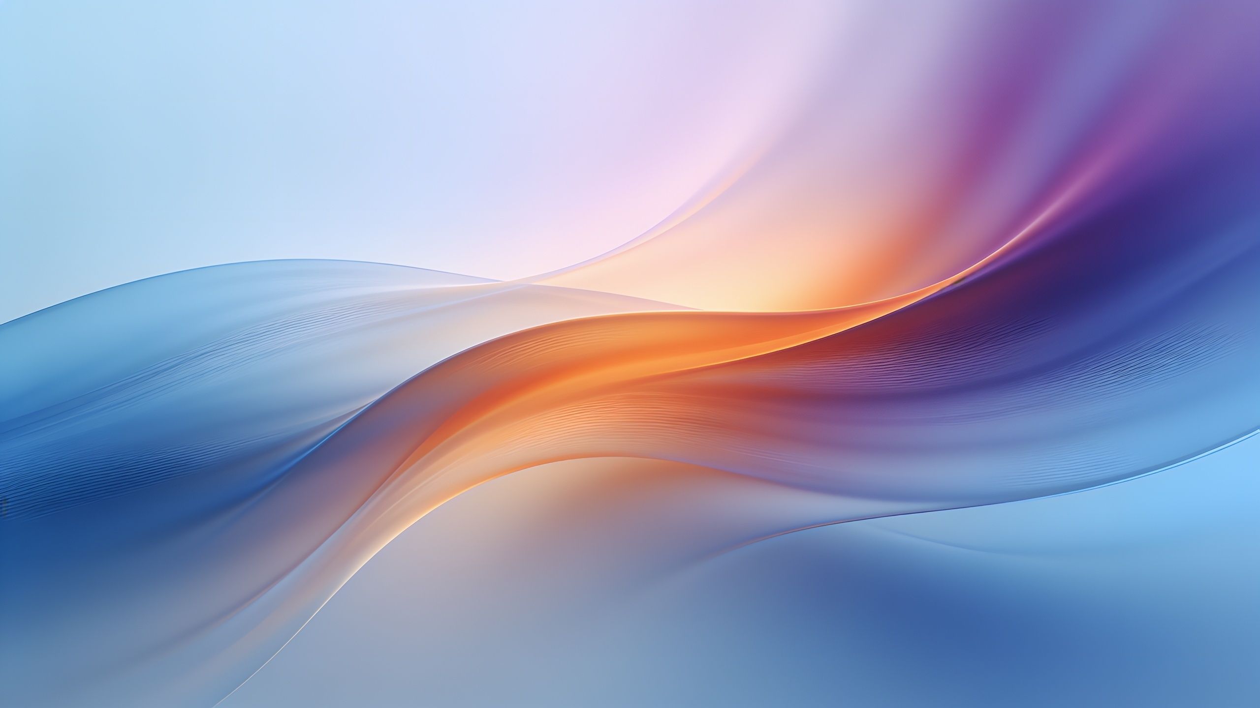 A serene abstract wallpaper featuring smooth, flowing waves in a gradient of soft blues, purples, and warm oranges, creating a calming and elegant atmosphere.