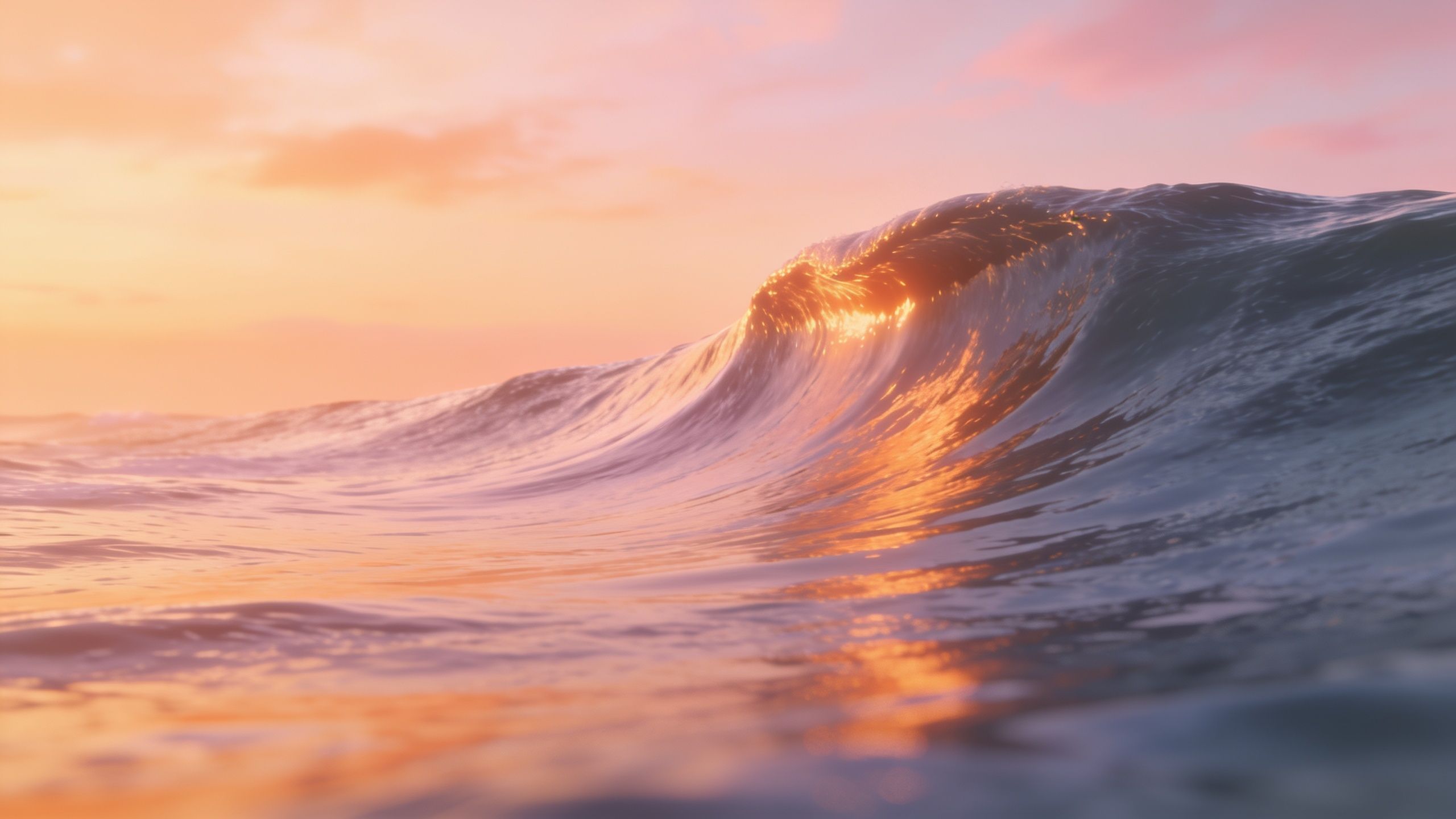 A majestic ocean wave catches the golden light of a setting sun, creating a warm glow against a backdrop of soft pink and orange hues in the sky, evoking a serene and tranquil mood.