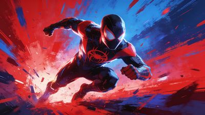 A superhero in a sleek black and red suit with a spider emblem is dynamically posed in mid-action, surrounded by vibrant splashes of red and blue, creating an energetic and intense atmosphere.