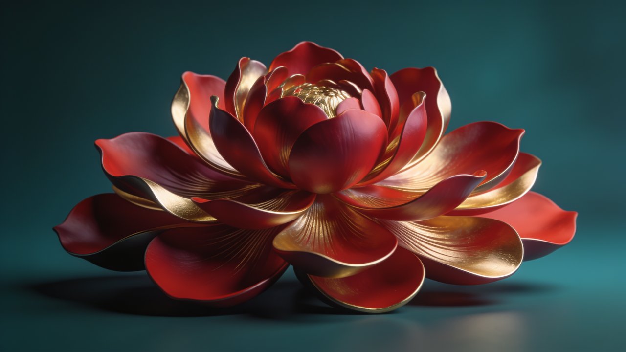 A vibrant red and gold lotus blossom is depicted in intricate detail against a deep teal background, creating an elegant and luxurious mood. The petals are highlighted with gold accents, enhancing the flower's rich and sophisticated appearance.