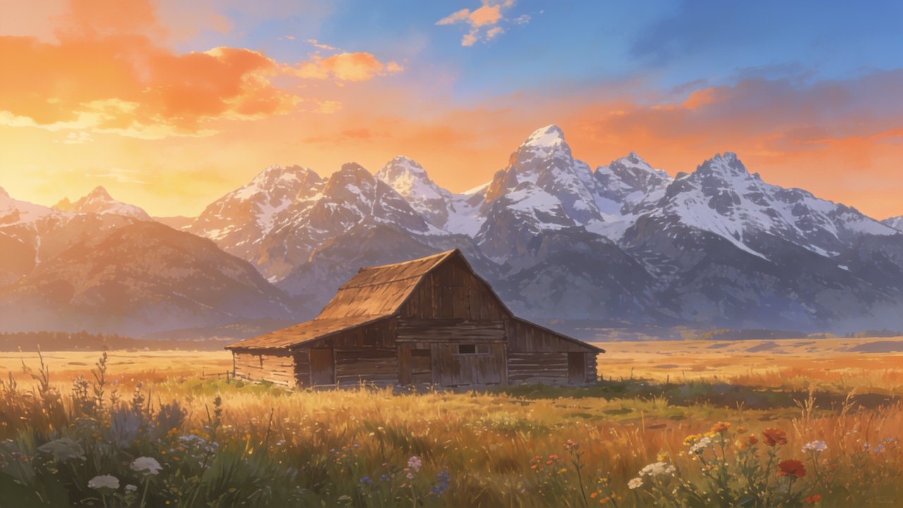 A rustic wooden barn sits in a golden field of wildflowers, framed by a backdrop of majestic, snow-capped mountains under a vibrant sunset sky, creating a serene and picturesque landscape.