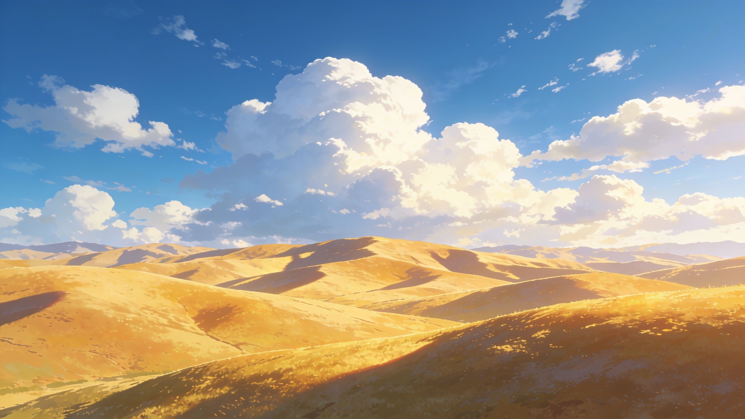 A serene landscape of golden hills stretches under a vast, majestic sky filled with fluffy white clouds, creating a tranquil and expansive atmosphere. The sunlight casts soft shadows across the rolling terrain, enhancing the warm, inviting mood.