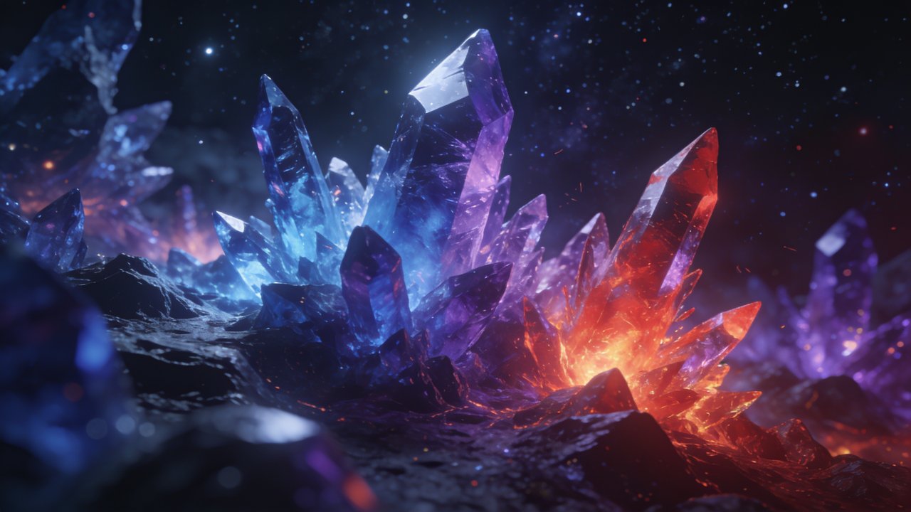 A cluster of vibrant blue and red crystals glows against a starry night sky, creating a mystical and enchanting atmosphere. The crystals' luminescence casts a colorful glow over the rocky terrain, enhancing the magical mood.