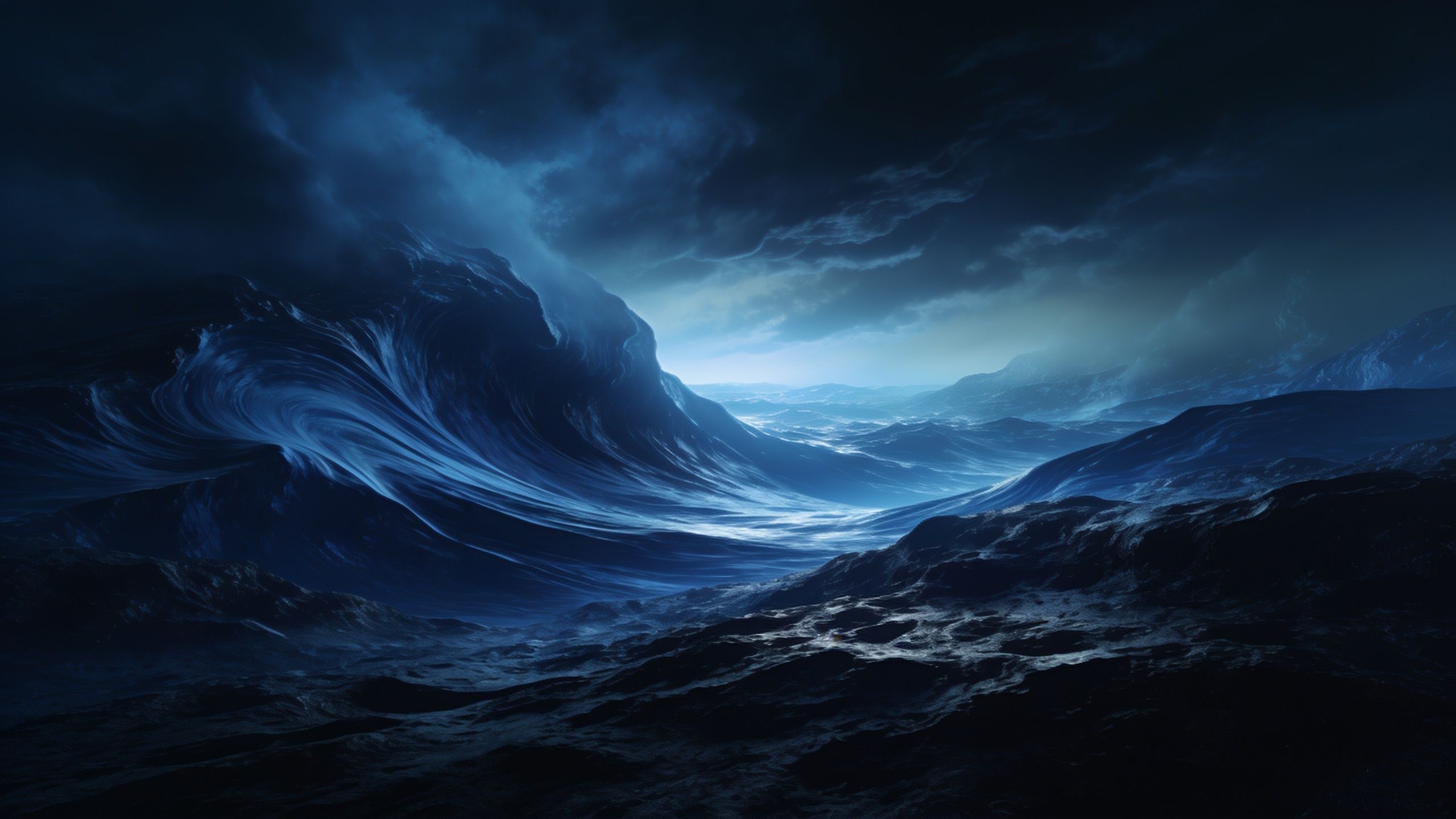 A dramatic scene of towering ocean waves illuminated by a moonlit sky, casting a mystical and serene glow over the turbulent waters beneath a canopy of dark, swirling clouds.