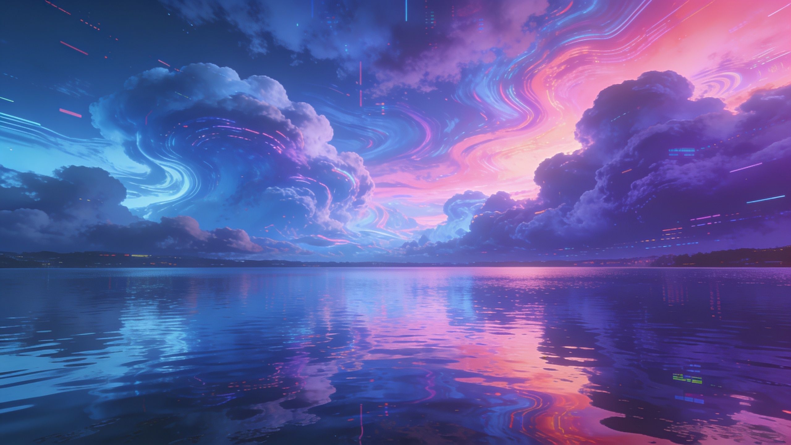 A vibrant sunset with swirling pink, purple, and blue clouds reflects on a serene lake, creating a tranquil and ethereal atmosphere.