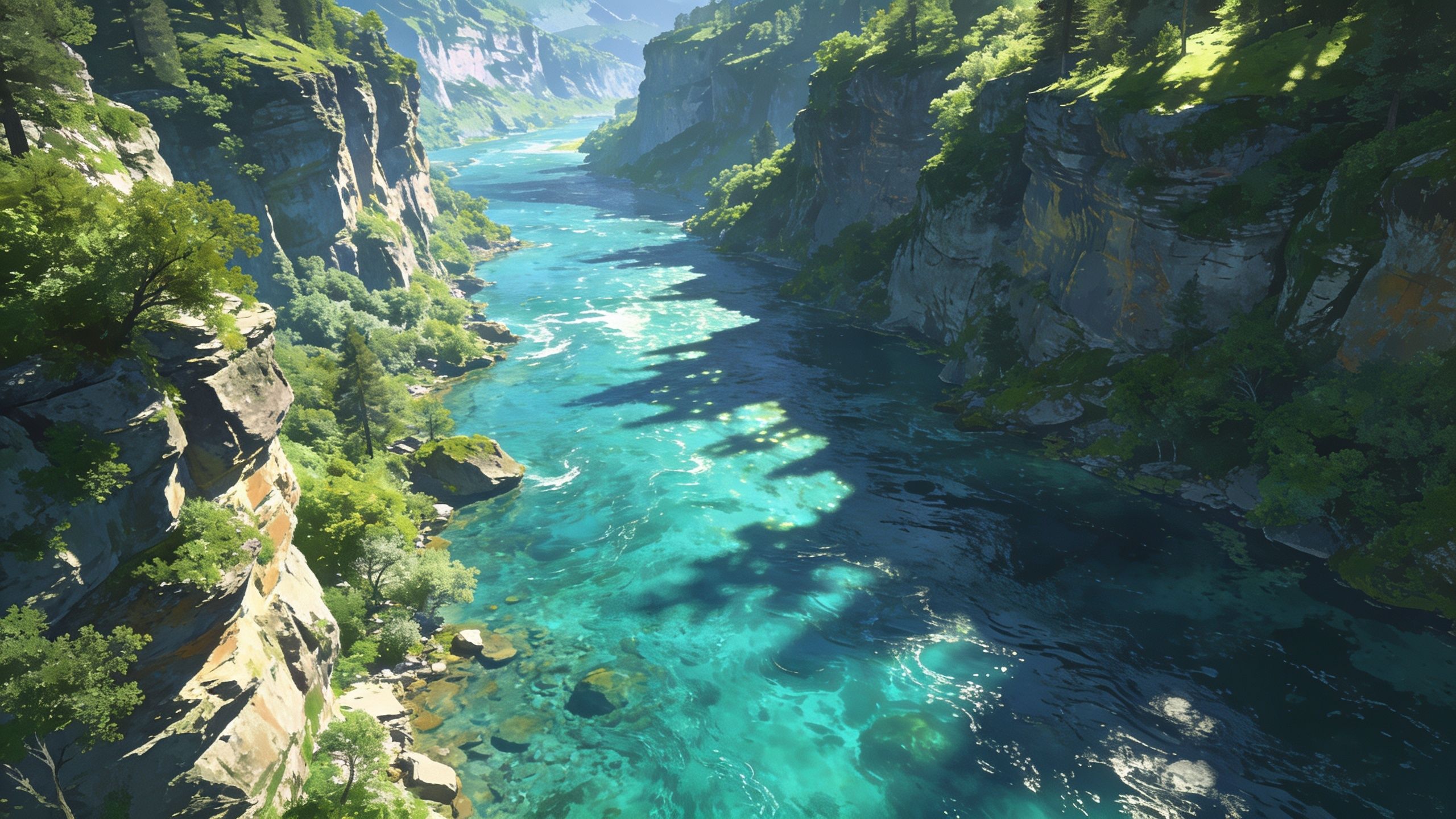 A tranquil river with crystal-clear turquoise water flows through a lush canyon, surrounded by steep, verdant cliffs and bathed in soft sunlight, creating a serene and peaceful atmosphere.