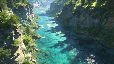 A tranquil river with crystal-clear turquoise water flows through a lush canyon, surrounded by steep, verdant cliffs and bathed in soft sunlight, creating a serene and peaceful atmosphere.
