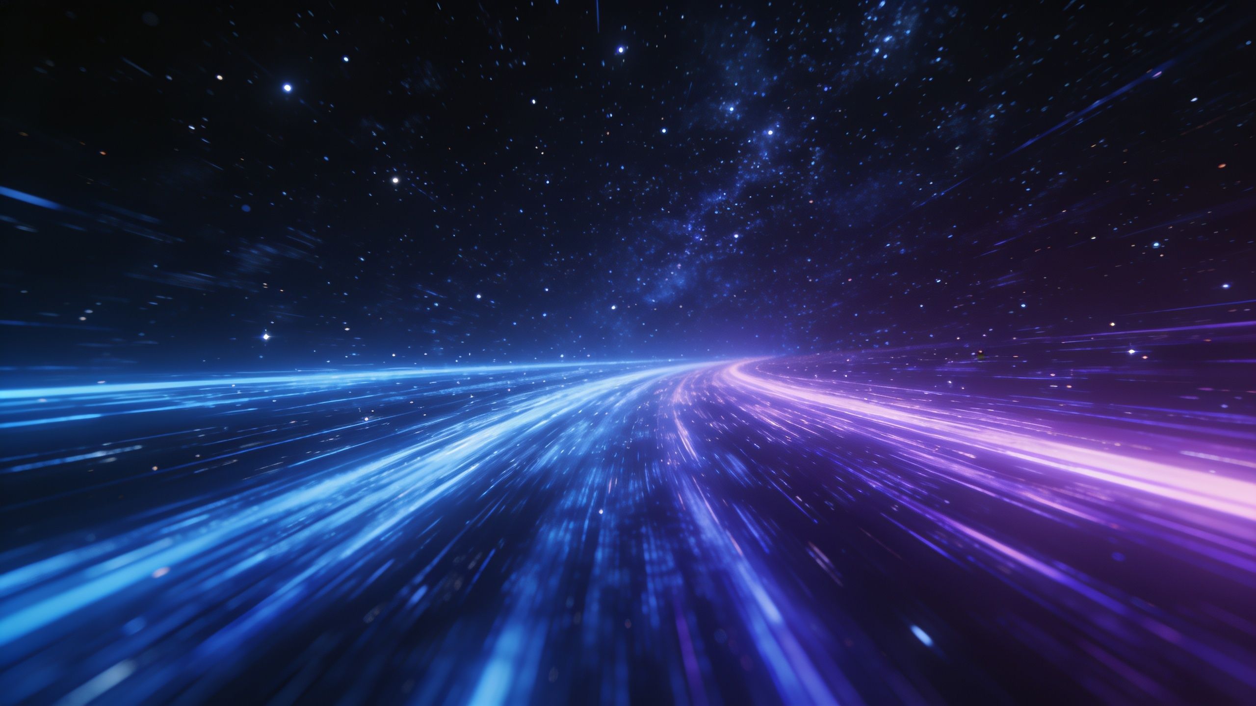 A dynamic cosmic scene featuring vibrant blue and purple light trails streaking across a starry night sky, creating a sense of high-speed movement and futuristic energy.