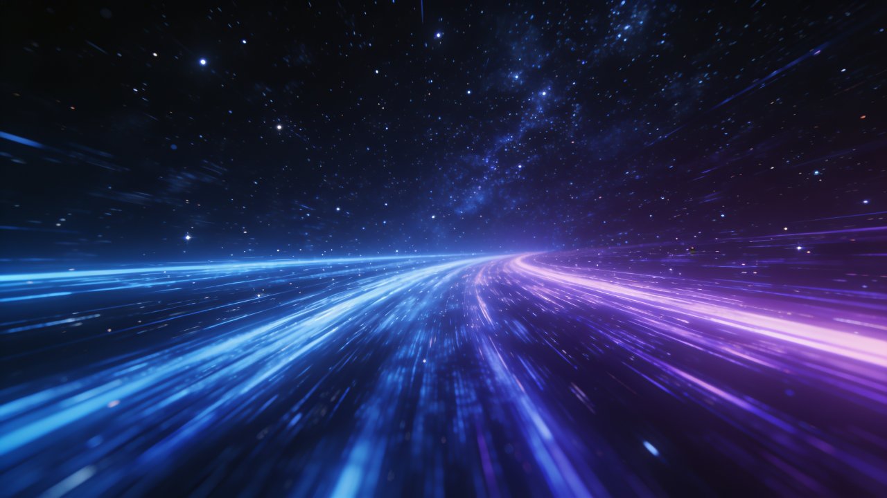 A dynamic cosmic scene featuring vibrant blue and purple light trails streaking across a starry night sky, creating a sense of high-speed movement and futuristic energy.