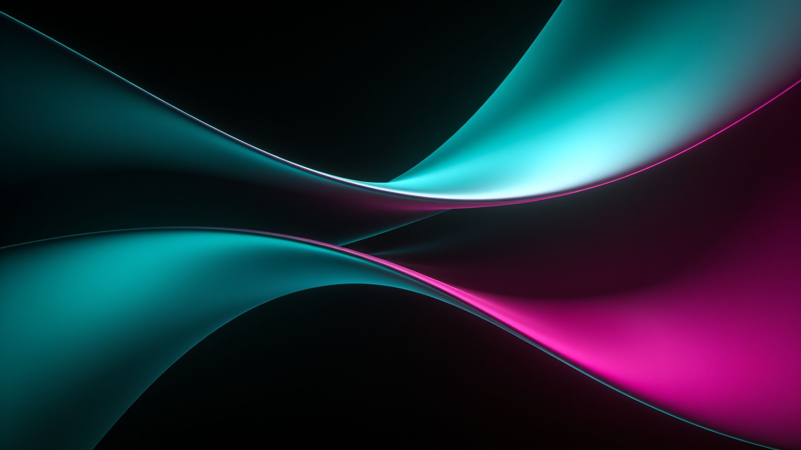 Abstract waves in vibrant neon colors of teal and magenta flow across a dark background, creating a dynamic and energetic mood. The smooth curves and bright hues evoke a sense of movement and modernity.