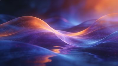 A mesmerizing display of ethereal waves of light and color, featuring flowing ribbons of orange and purple against a dark, starry background, creating a serene and dreamlike atmosphere.