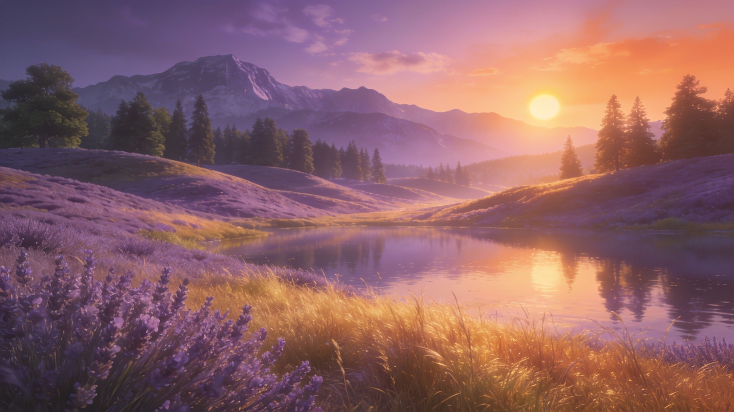 A serene scene depicts a mountain lake surrounded by fields of lavender under a vibrant sunset sky, with warm hues reflecting on the water, creating a tranquil and peaceful atmosphere.